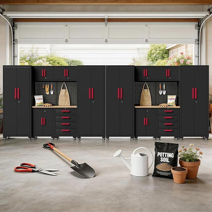 Garage Storage Cabinet System, 16PCS Garage Cabinets and Storage System Workshop Set with Red Cabinet, Cabinet Drawers, Workbench, Pegboard for Tool Organization,Red Handle