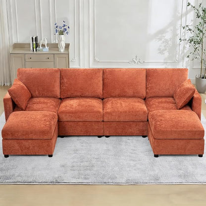 110” Chenille 4-Seats Sofa W/Two Movable Ottomans, Orange | Modern Fabric U-Shaped Couch w/Soft Backrests, Upholstered Sectional Sofa w/Arm Pillows for Living Room, Office