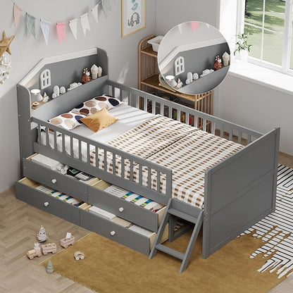 Bellemave Kids Twin Platform Bed with 4 Drawers & Storage Headboard, Wooden Twin Bed Frame with Safety Guardrails & Ladder for Kids Girls Boys, Gray