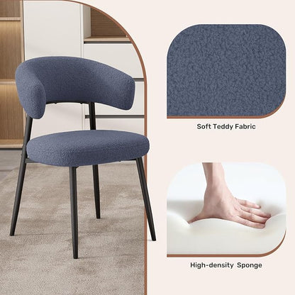 Dining Chairs Set of 4, Mid Century Modern Kitchen Chairs, Boucle Upholstered Dining Chair with Curved Backrest & Metal Legs for Kitchen Dining Room, Dark Blue