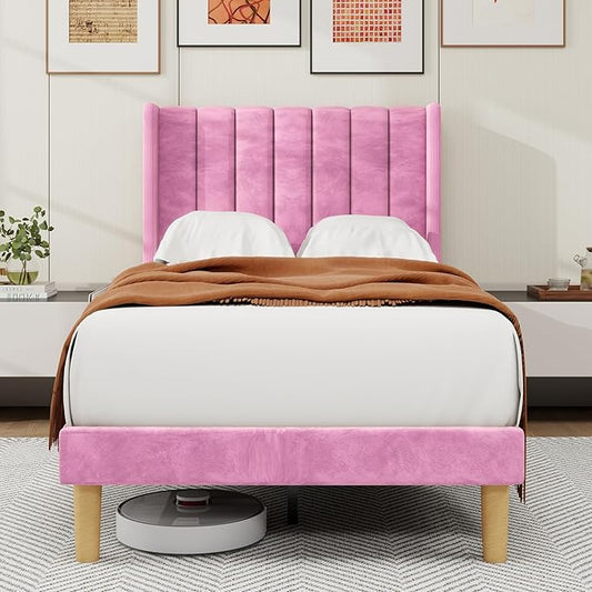 alazyhome Platform Bed Frame Twin Size with Upholstered Headboard, Solid Wood Slats Support, No Box Spring Needed, Noise Free, Easy Assembly, Modern Velvet Bed, Pink