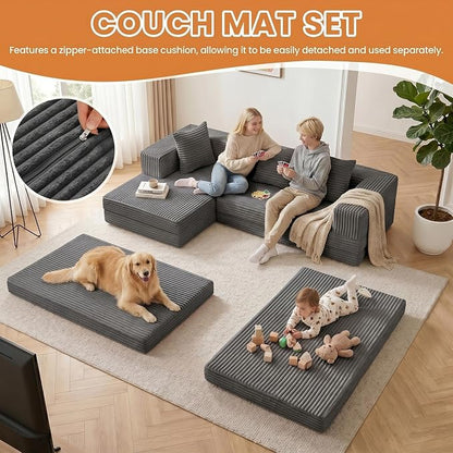79" Modular Sectional Sofa, Boneless Convertible Sleeper Sofa Bed, Modern Tri-Folding Cloud Couch with L-Shape Chaise, Corduroy Futon for Living Room Small Spaces Apartment, No Assembly,Grey