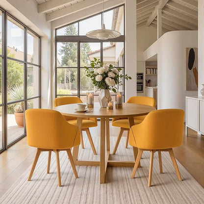 Swivel Dining Chairs Set of 4, Linen Fabric Upholstered Dining Chairs with Arms and Wood Legs, Mid Century Modern Kitchen Chairs for Dining Room Living Room 360°Swivel, Comfortable Large Seat, Yellow