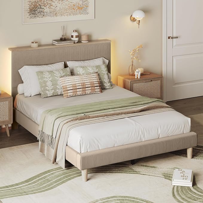 Bestier Queen Bed Frame with Adjustable Headboard & LEDLighting, Corduroy Upholstered Platform Bed Frame withStorage Shelf, Solid Wood Slats, No Box Spring Needed,Never Squeak, Easy Assembly, Taupe