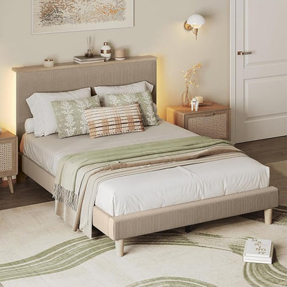 Bestier Queen Bed Frame with Adjustable Headboard & LEDLighting, Corduroy Upholstered Platform Bed Frame withStorage Shelf, Solid Wood Slats, No Box Spring Needed,Never Squeak, Easy Assembly, Taupe