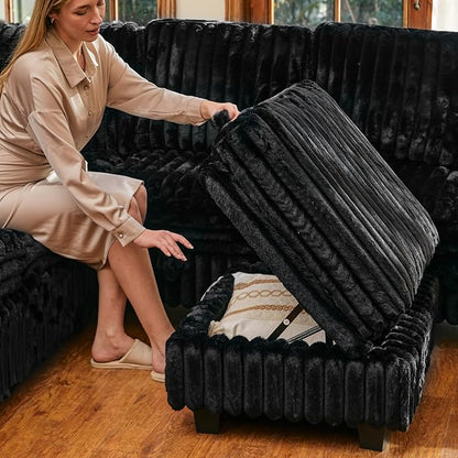 Belffin Corduroy Fabric Ottoman with Storage Ottoman for Modular Sectional Couch Black Couch