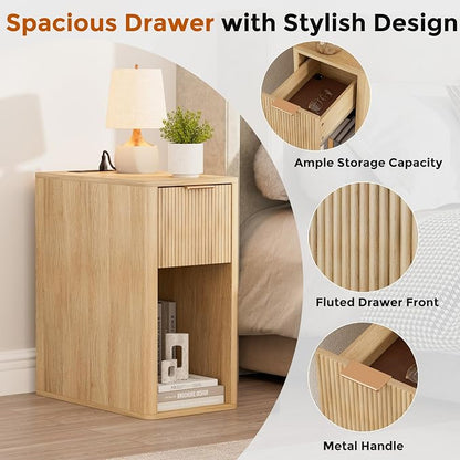 Homleke Narrow End Table with Fluted Drawer and Charging Station, Small Nightstand with USB Ports & Outlets, Bedside Table for Bedroom or Living Room, Modern Accent Table, Natural