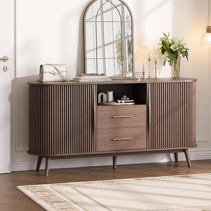 JOINICE Walnut Sideboard Buffet Cabinet with Storage for Dining Room，63" | Mid-Century Modern Storage Cabinet,2 Drawers&Fluted Sliding Doors,Solid Wood Legs,adjustable shelf,supports up to 100 lbs