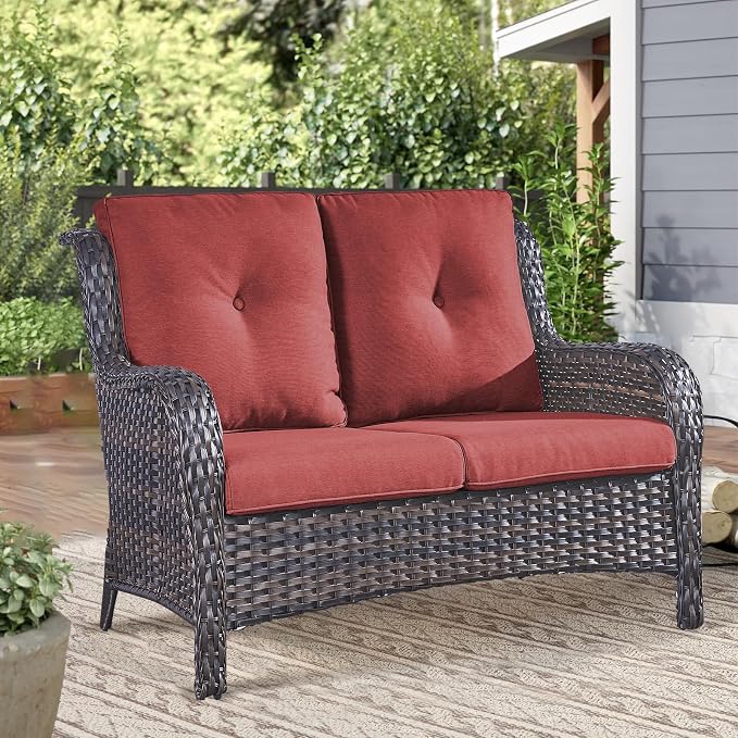 Outdoor Loveseat Sofa-2 Seater Rattan Wicker Patio Couch High Back Patio Sofa for Porch Deck Backyard-Brown/Red