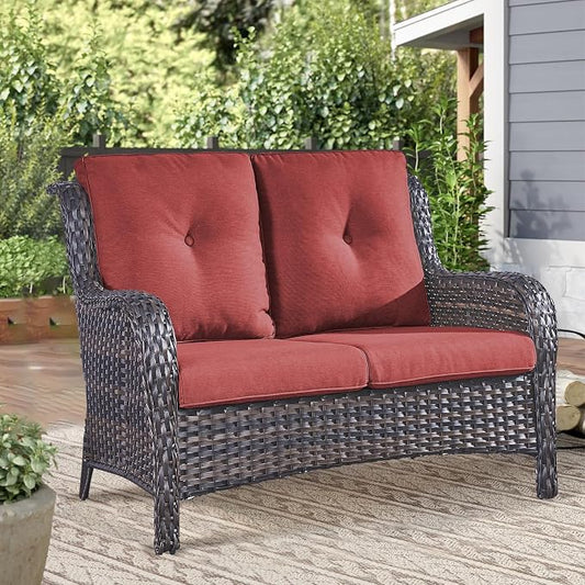 Outdoor Loveseat Sofa-2 Seater Rattan Wicker Patio Couch High Back Patio Sofa for Porch Deck Backyard-Brown/Red