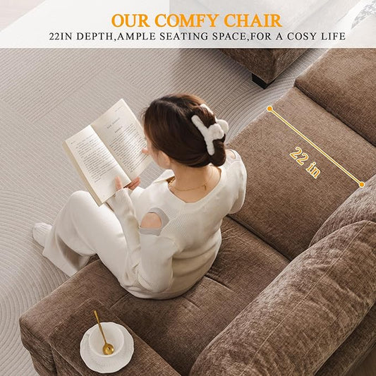 85'' L Shaped Couch with Armrest Organizer,Comfy 3 Seats Sofa with Thick Cushion,Chenille Sectional Couches for Living Room,Bedroom,Apartment,Sofa Set with Oversized Chair,Home Furniture,Brown