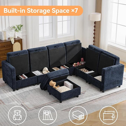 104'' V Shaped Modular Sofa, Sectional Couch with Storage for Living Room, Modern 7 Seater Cloud Sectional Couch with Movable Ottoman, Chenille Navy