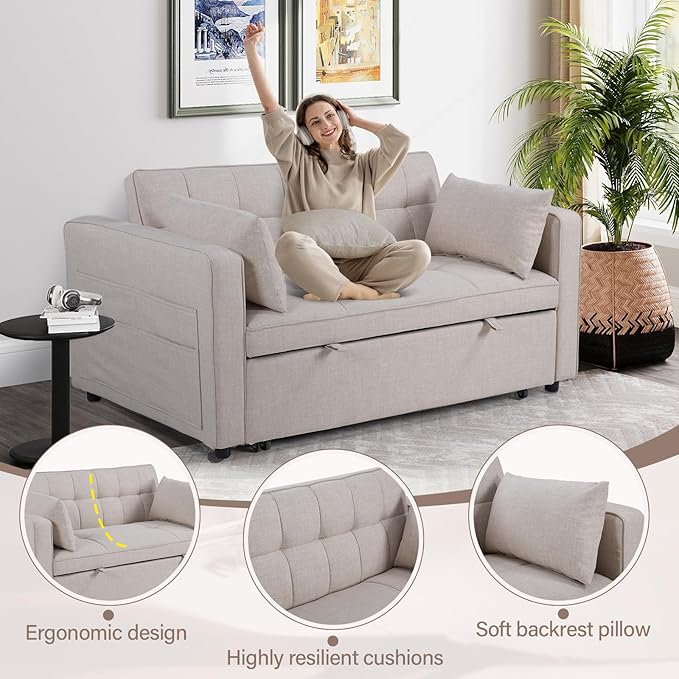 HAOMARKETS 3 in 1 Convertible Sleeper Sofa Bed, Loveseat Chaise Lounge with Pullout Bed, 2-Seater Futon Couches with Storage Pockets, 3-Level Adjustable Backrest and Pillows for Living Room, White