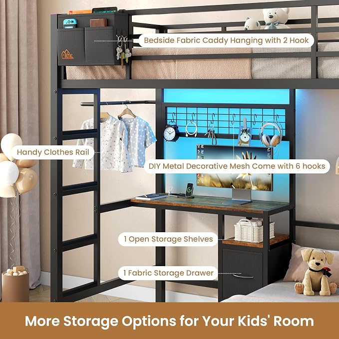 DICTAC Bunk Bed Twin Over Twin with Desk,Led Lights and Charging Station twin Bunk Beds with Storage Drawers and Shelves,Metal L-Shaped for kids with Safety Guardrail&Ladder,No Box Spring Needed,Black