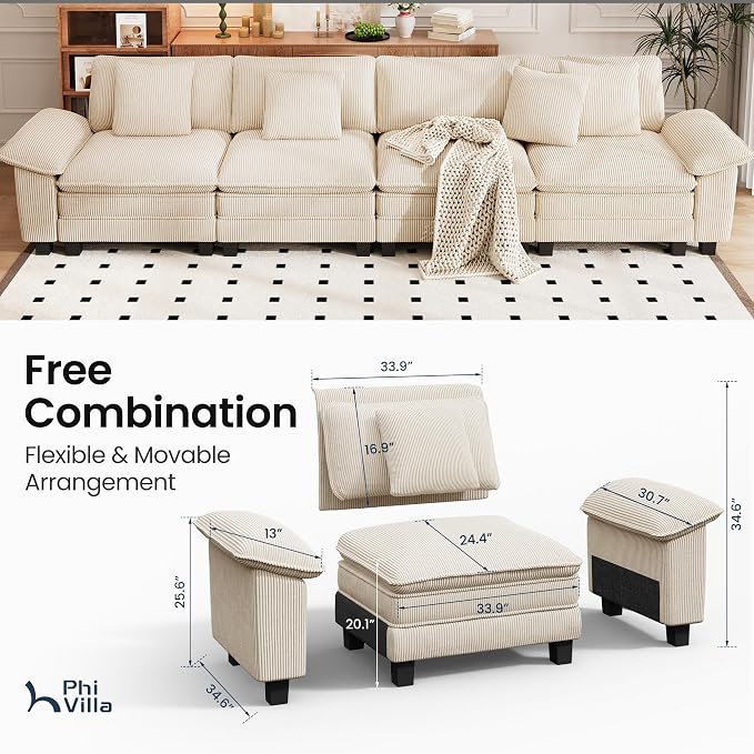 PHI VILLA Cloud Modular Couches Sets, 157.5" Sectional Sofa with Upholstered Deep Seat, 4-Seater Long Couches for Living Room Apartment, Corduroy Fabric, Beige