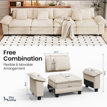 PHI VILLA Cloud Modular Couches Sets, 157.5" Sectional Sofa with Upholstered Deep Seat, 4-Seater Long Couches for Living Room Apartment, Corduroy Fabric, Beige