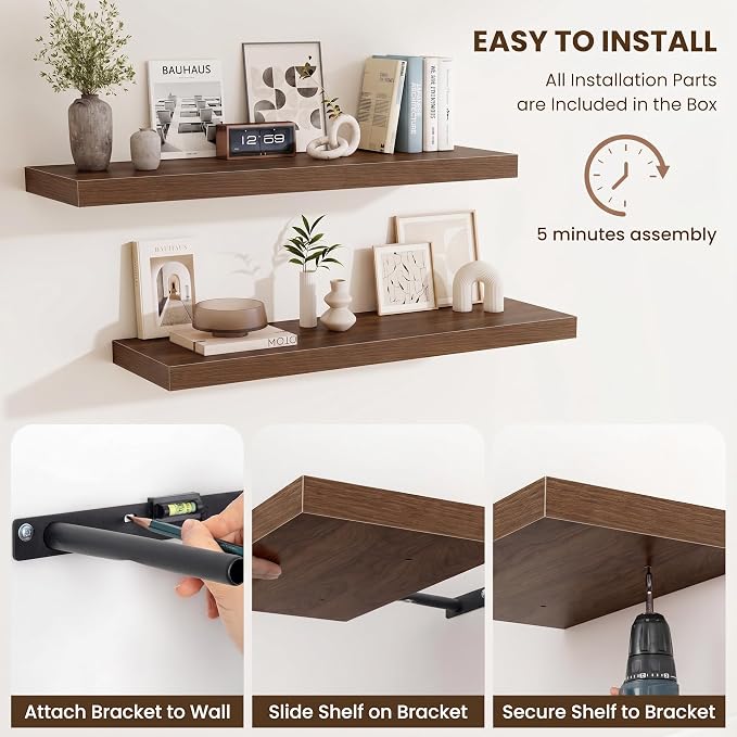 Fun Memories Wood Floating Shelves 20 Inch, 10 Inch Deep Shelves Wall Mount, Wall Shelves with Invisible Bracket, 20" Floating Shelves for Living Room Bathroom Bedroom, Walnut, Set of 2