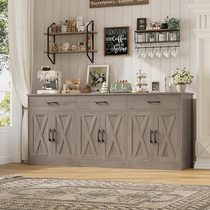 HOSTACK 71" Large Sideboard Buffet Cabinet with Storage, Farmhouse Coffee Bar Cabinet with 3 Drawers, Long Kitchen Buffet Table, Kitchen Sideboard Storage Cabinet for Dining Room, Living Room, Grey