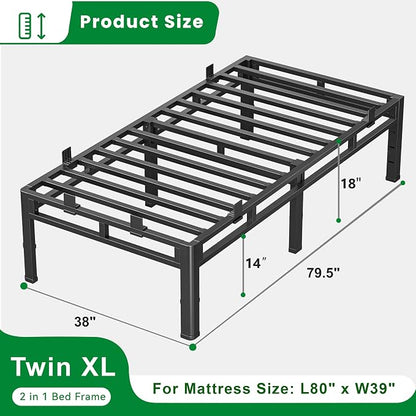 ROIL 18 Inch Twin XL Bed Frame, Double Layer Metal Bed Frame with Round Corner Legs, 4000LBS Bed Frame & Box Spring 2 in 1 Platform with Headboard Holes Mattress Baffles, Noise-Free Easy Assembly