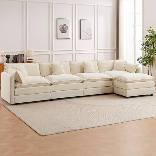 Modular Sectional Sofa, 147.2 Inch L Shaped Couch Set with Armrests, 4-Seater Comfy Cloud Couches with Movable Ottoman for Living Room Apartment, Beige