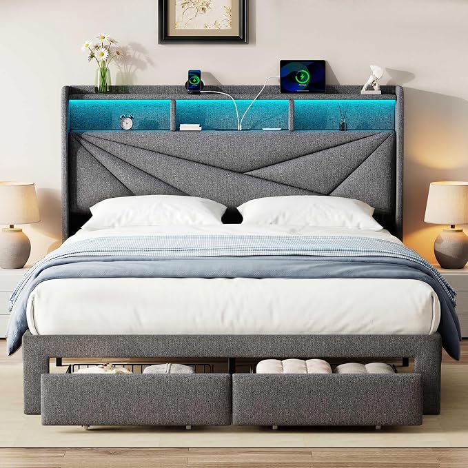Full Size Bed Frame with Storage Headboard, Upholstered Full Bed Frame with LED Lights, USB Charging Station & 2 Storage Drawers, No Box Spring Needed, Light Grey