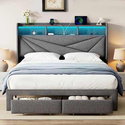 Full Size Bed Frame with Storage Headboard, Upholstered Full Bed Frame with LED Lights, USB Charging Station & 2 Storage Drawers, No Box Spring Needed, Light Grey