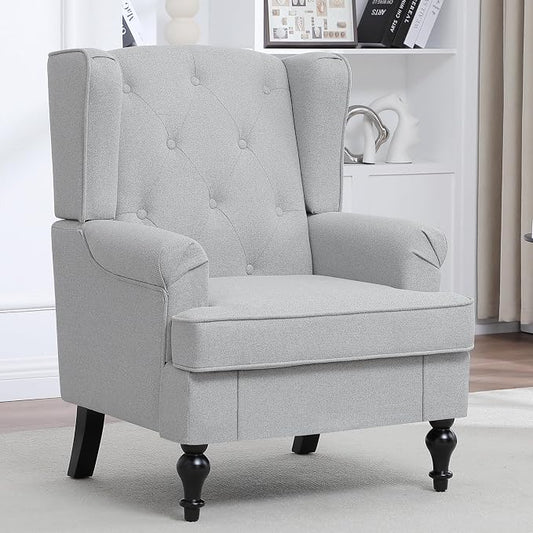 Accent Chair for Living Room, Mid Century Modern Upholstered Armchair, Wingback Chair with Tufted High Back and Solid Legs, Comfy Single Sofa Side Chairs for Bedroom, Light Grey