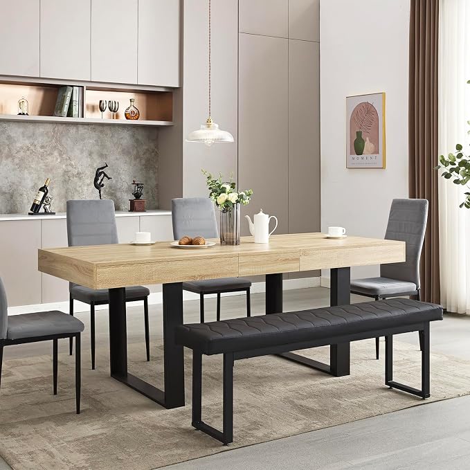 STHOUYN 63”-79” Extendable Dining Room Table Desk for 6 8 10, Modern Rustic Kitchen Expanding Table, Wooden Long Large Expandable Dining Room Conference Table for Kitchens (Natural Oak)