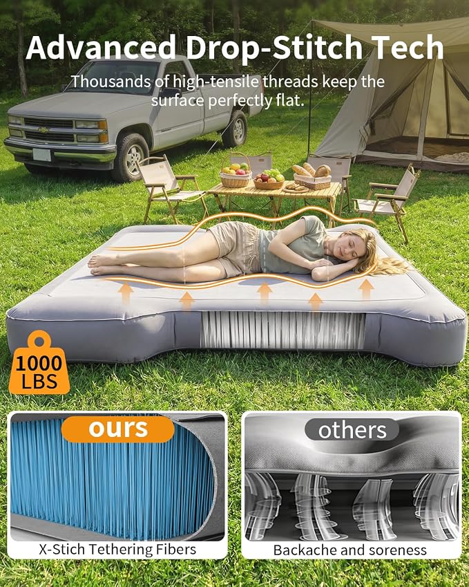 Umbrauto Upgraded Truck Bed Air Mattress for Full Size Short Beds 5.5-5.8ft, Drop-Stitch Tech with Built-in Pump, Heavy Duty Silent Inflatable Tent Bed for Outdoor Camping