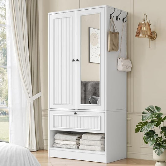 Feonase Armoire Wardrobe Cabinet with Mirror and Drawer, 70" 2-Door Wooden Closet Organizer for Bedroom Storage, White