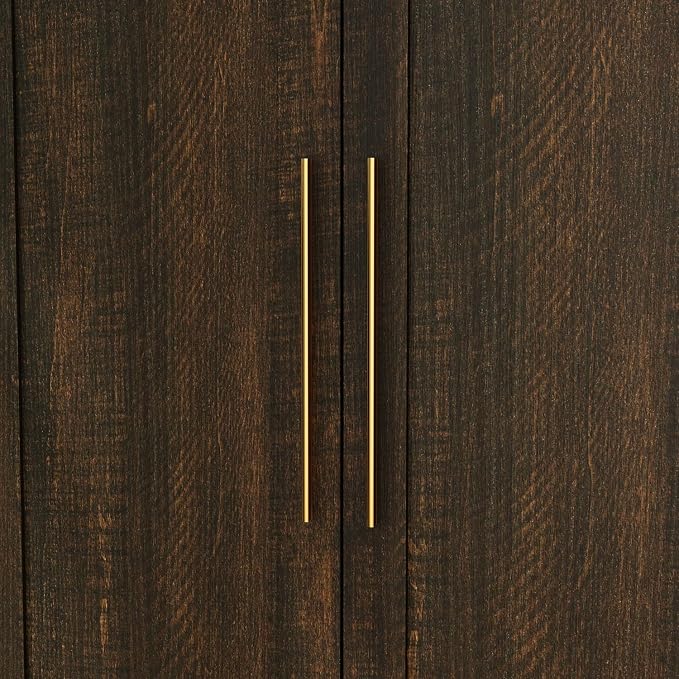 Wardrobe Closet with Mirror, 3 Door Wardrobe with 4 Drawers, Shelves, Hanging Rod, Modern Bedroom Armoire with Gold Handles, Brown Clothes Cabinet, 20.5”D x 47”W x 86.7”H