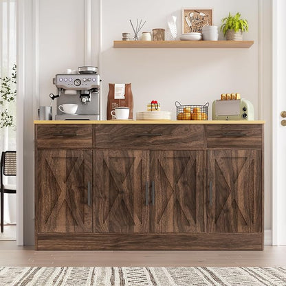 Vongrasig Buffet Cabinet with Drawers, 53” Large Sideboard Buffet Kitchen Storage Cabinet, Modern Farmhouse Coffee Bar with Shelves and Doors, Wood Buffet Table for Kitchen, Dining Room, Rustic Brown