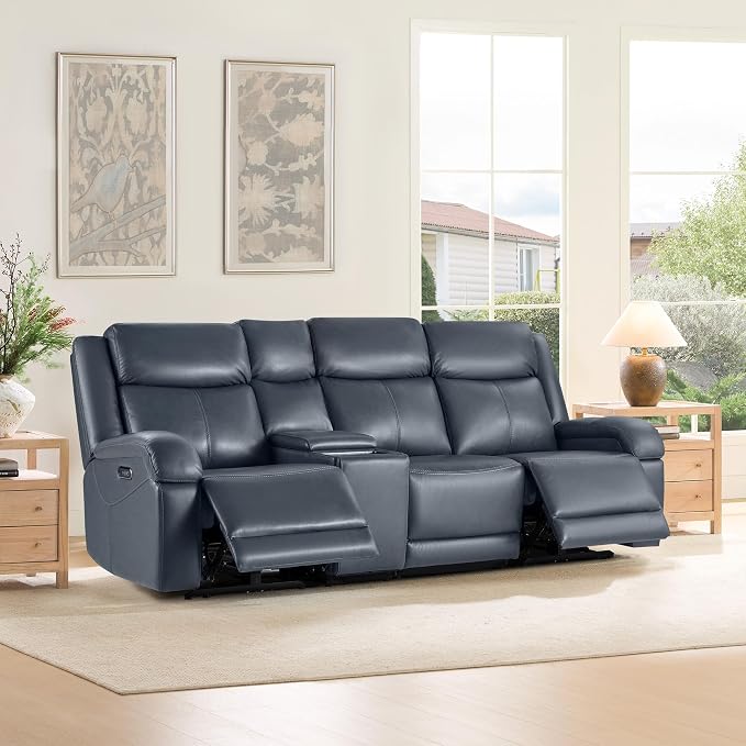 Watson & Whitely Genuine Leather Power Recliner Sofa, 3 Seater Wall Hugger Reclining Sofas with Storage Console, Power Headrest, USB, Electric Recliner Couch Set for Living Room, Navy Blue