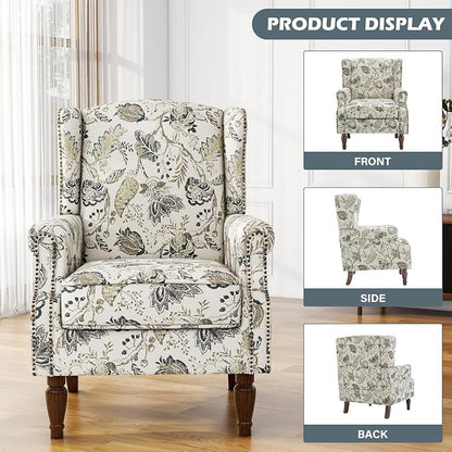 High Back Accent Chairs Set of 2, Fabric Upholstered Armchair Floral Wingback Chair for Living Room, Comfy Solid Wood Legs Bedroom Reading Seat - Plants Beige