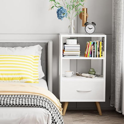 Aenuert Night Stand, White Nightstand with Drawer, Side Table with Open Storage, 3-Tier Modern End Table, Bedside Table for Small Space, Living Room, Bedroom