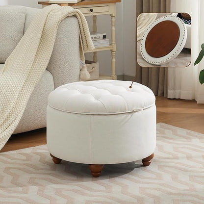 WUTUTUEE 24Inch Round Storage Ottoman with Tray, Modern Tufted Fabric Circle Coffee Table with Storage, Upholstered Ottoman with Removable Top for Living Room, Bedroom, Beige