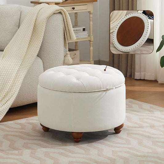 WUTUTUEE 24Inch Round Storage Ottoman with Tray, Modern Tufted Fabric Circle Coffee Table with Storage, Upholstered Ottoman with Removable Top for Living Room, Bedroom, Beige
