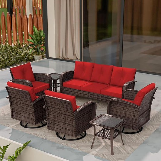7 Piece Patio Conversation Set – 2 Swivel Rocking Chairs, 2 Coffee Tables & 3-Seater Sofa | PE Wicker Patio Sectional | Heavy-Duty Steel Frame & Weatherproof Cushions, Red
