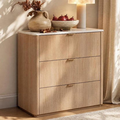 ModernMate 3 Drawer Dresser with Curved Profile & Faux Travertine Texture, 31.5" Large Nightstand Anti-Tip Chest of Drawers for Bedroom, Living Room, Natural Oak