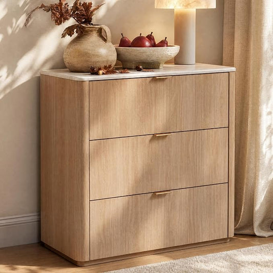 ModernMate 3 Drawer Dresser with Curved Profile & Faux Travertine Texture, 31.5" Large Nightstand Anti-Tip Chest of Drawers for Bedroom, Living Room, Natural Oak