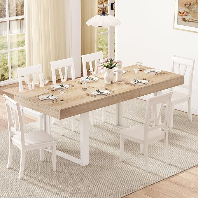 Zevemomo 63"-78.7" Expandable Dining Table, 6-8 Extendable Dining Table, Rectangle Conference Table, Farmhouse Kitchen Table with Slide Track, Tapered U-Shaped Wood Legs for Office, Living Room-Oak