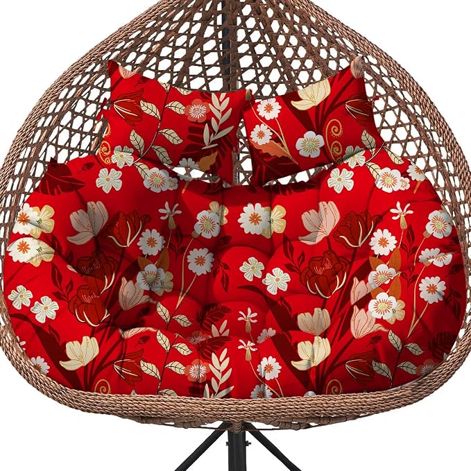 Double Egg Chair Cushion Replacement Waterproof for Outdoor Patio Hanging Basket Egg Chairs, 59x43-Inch Thickened 100% Cotton Large Double Eggs Swing Chair Cushions, Red Peony