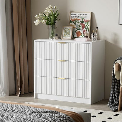 Furniway White Dresser for Bedroom, Modern Dresser with 3 Drawers and Smooth Slides, Wide Chest of Drawers with Golden Handles for Bedroom, Living Room, Closet, 15.7" D x 31.5" W x 29.6" H