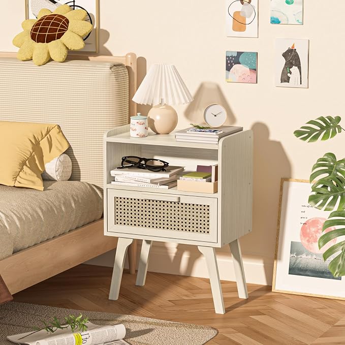 Lerliuo Rattan Nightstand, Side Table with Drawer Open Shelf, Cane Accent Bedside End Table with Solid Wood Legs, Mid Century Modern Night Stand for Bedroom, Dorm and Small Spaces (Grey White)