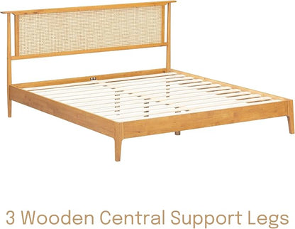 NTC Ruby Wooden Bed Frame with Headboard and Natural Rattan, Solid Oak/Rubber Wood Foundation with Silent Slats, 1000 Lb Capacity, Effortless Assembly (Natural Cane - Rustic Oak, Queen)