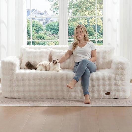 ZurNesfure Sofa Couch Cloud 3-Seater Memory Foam Couch with Pillow No Assembly Required, Modern Couch with Removable Washable Cover Boneless Sofas for Living Room Bedroom Apartment (White,3-Seater)