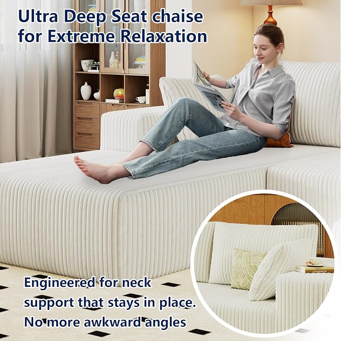 96" Modular Sectional Sofa, Modern Corduroy Cloud Couch with Deep Seat, Boneless Couch Upholstered 3-Seater L-Shaped Sofa for Living Room, No Assembly Required (White, Left-Facing Chaise)