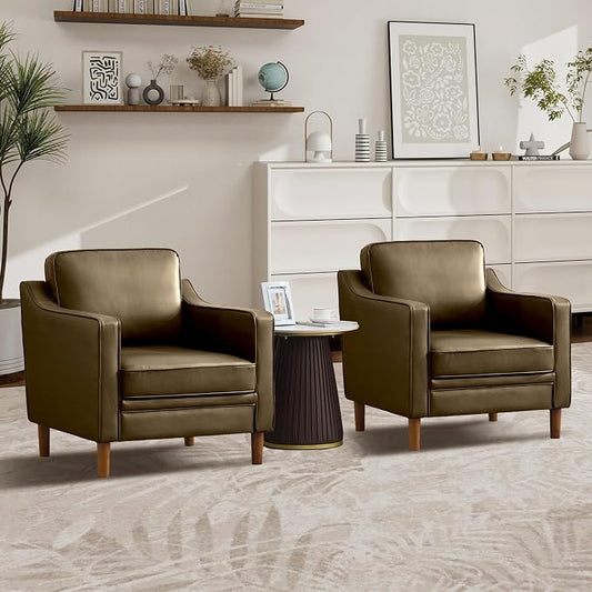 Kingfun Accent Chair Set of 2, Living Room Chairs, Faux Leather Reading Armchair, Mid Century with Solid Wood Foot, Upholstered Modern Decor for Bedroom, Apartment