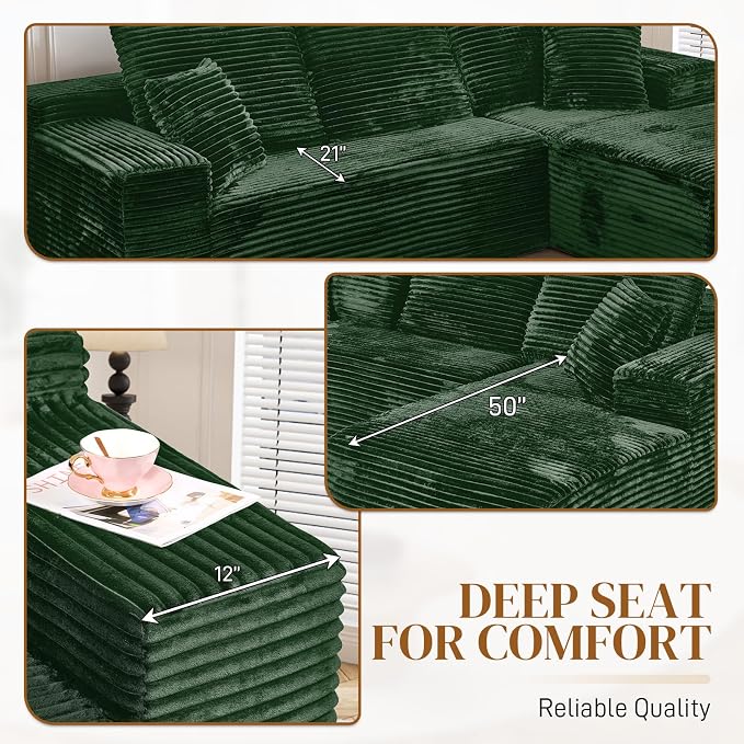 108" L Shaped Boneless Sectional Couches for Living Room, Comfy Corduroy Floor Cloud Sofa with Chaise, Wide Armrest, Deep Seat, Memory Foam, Assembly Free, Ideal for Small Spaces, Green