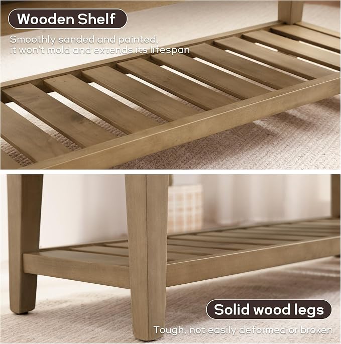 Entryway Bench with Cushion, Upholstered Shoe Rack Bench with Solid Wood Shelf, 44" End of Bed Bench for Bedroom, Chenille Fabric Storage Bench for Entryway, Hallway, Living Room (PU-Brown)
